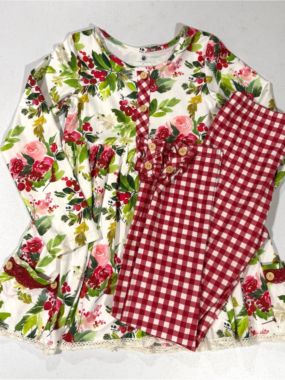 Charlie’s Project Girls Christmas Floral Top and Red Gingham Holiday Set
